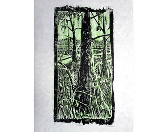 Black Bayou Refuge, 2 Color Original Woodcut Print by Tammy Matthews