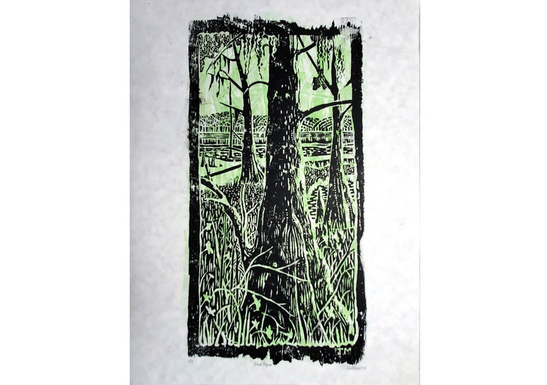 Black Bayou Refuge, 2 Color Original Woodcut Print by Tammy Matthews white parchment