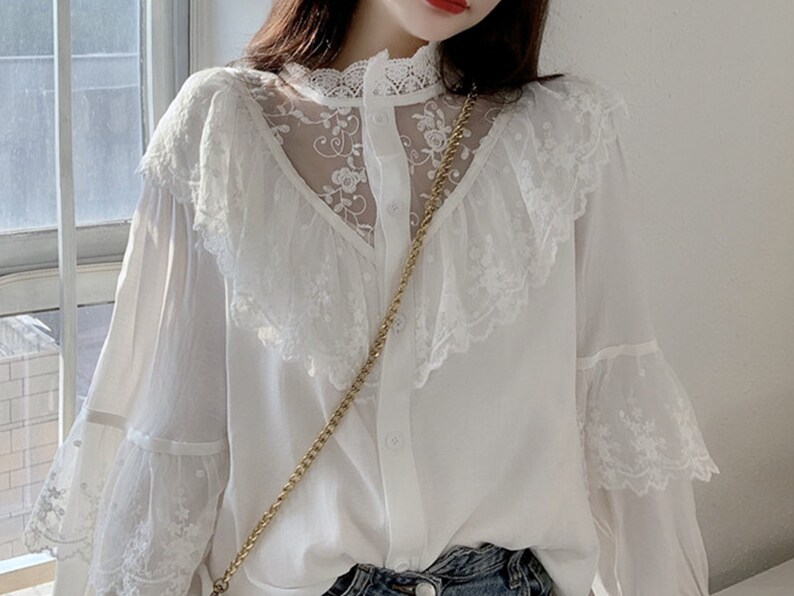 Cottagecore Vintage Lace Blouse Ruffle for Women Square Collar Etsy