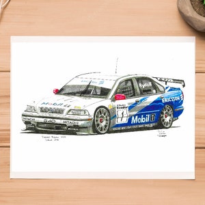 May include: A white Volvo S40 race car with blue and silver accents. The car has the words "Mobil 1", "Ericsson", and "Rydell" on the side. The car is on a white background.