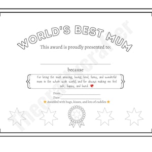Certificaat voor beste moeder ter wereld | Afdrukbare zwart-wit kleurplaat | Digitale pdf-download op A4-formaat