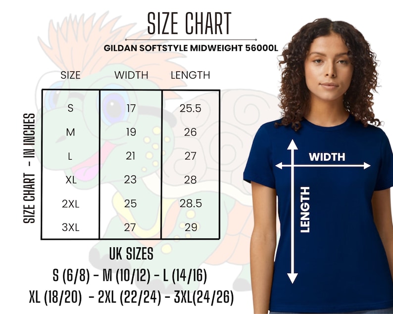 Gildan 65000 / 65000L / 65000B Mock up Size & Colour Chart Softstyle ...