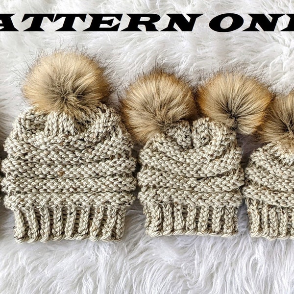 Loom Knit Hat PATTERN-Winter Hat Pattern-Mommy and Me-Winter Beanie Pattern-Hat Pattern 5 Sizes-Adult, Teenager, Toddler, Baby-1yr, Newborn