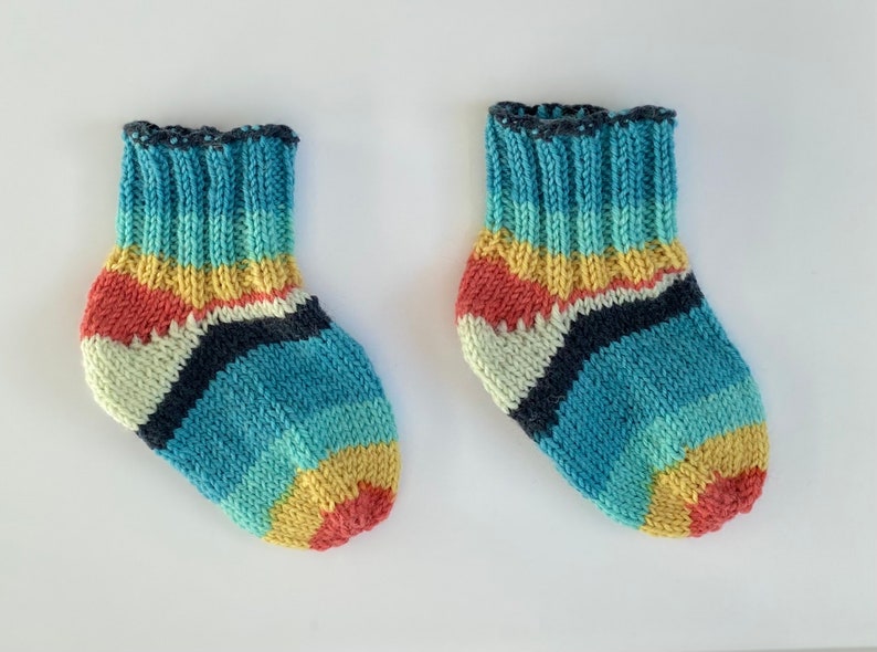 Hand Knit Baby Socks Size 17-18 Blue Orange Yellow