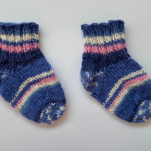 Hand Knit Baby Socks Size 17-18 Blue White Pink