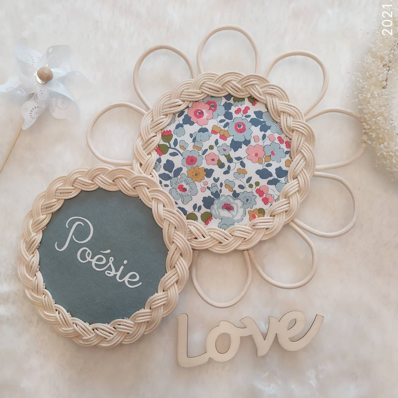 Duo Fleur Rotin Poétique, Fleurs Rotin, Décoration Murale