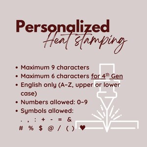 Personalized chart of heat stamping showing max characters English only letters numbers and symbols customization guide