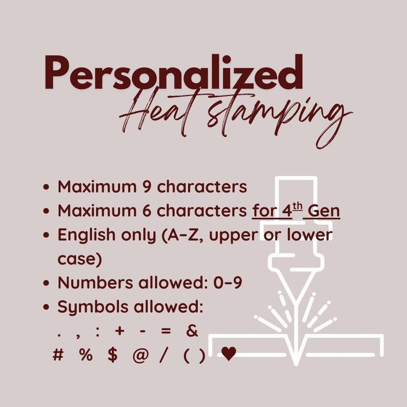 Personalized chart of heat stamping showing max characters English only letters numbers and symbols customization guide
