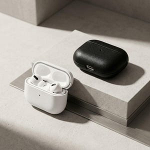 Custom Initial Case Leather Airpods Cover Personalized Engraving Design Gift For Him Birthday Present Black Minimalist Aesthetic Modern Tech Accessory Protection Genuine Material Quality Construction Stylish Look Compatible Third Fourth