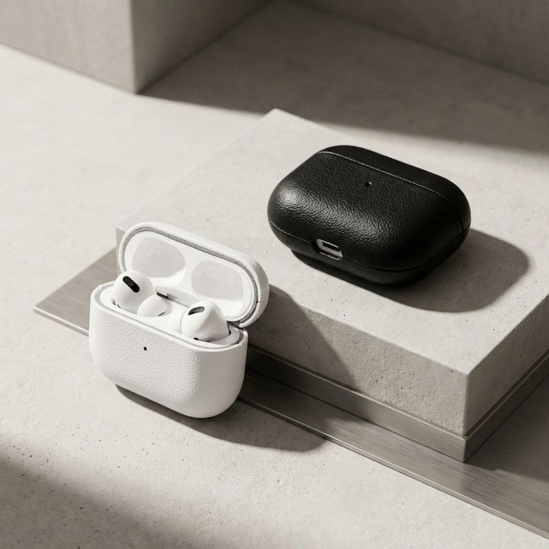 Custom Initial Case Leather Airpods Cover Personalized Engraving Design Gift For Him Birthday Present Black Minimalist Aesthetic Modern Tech Accessory Protection Genuine Material Quality Construction Stylish Look Compatible Third Fourth