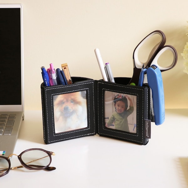 Black Pen Holder with Photo Frame, Desk Organizer, Gift Idea for Men, Teacher Gift, Picture Frame Pencil Holder, New Job Gift for Him, Cute