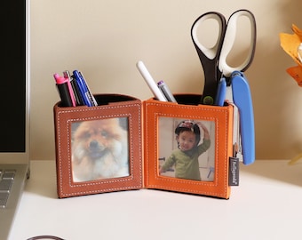 Orange Pen Holder with Photo Frame, Desktop Organizer, Gift Idea for Women, Teacher Gift, Picture Frame for Desk, Pencil Cup, Birthday Gift