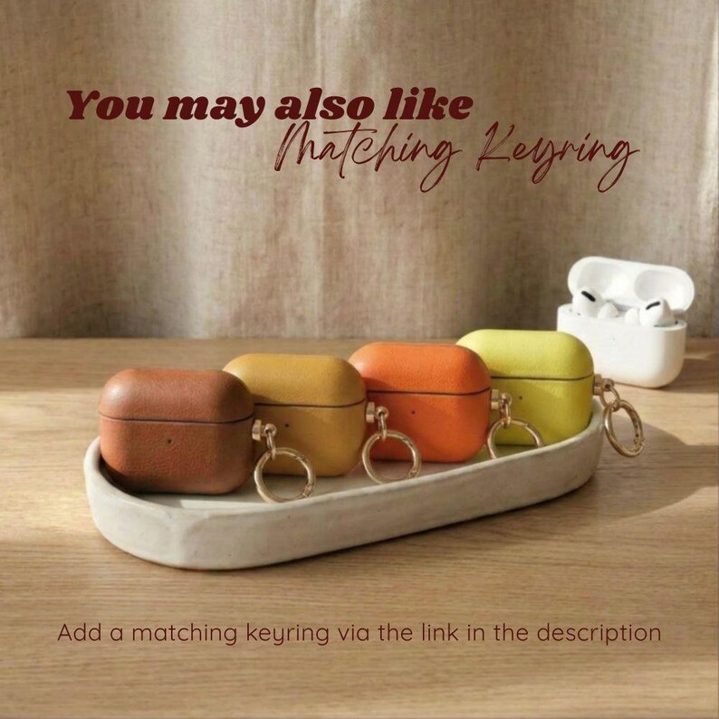 Leather AirPods case paired with a matching leather keyring, creating a coordinated and stylish accessory set, Optional Keyring Add-On