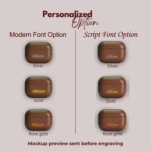 Font and colour options silver gold and rosegold personalization choices for leather AirPods case engraving and hot stamping selection