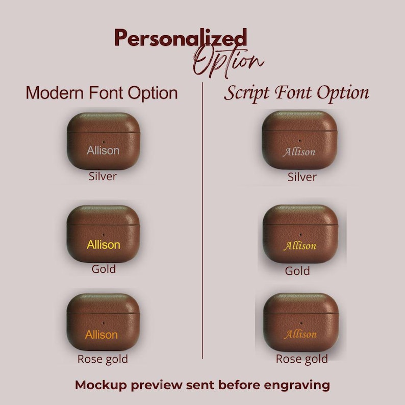 Font and colour options silver gold and rosegold personalization choices for leather AirPods case engraving and hot stamping selection