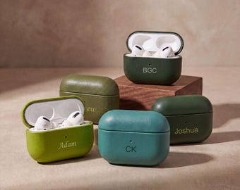 Green AirPods Case Birthday Gift Idea Custom Engraved Leather AirPods Pro 3 Cover Monogram Initials Everyday Tech Accessories Personalized