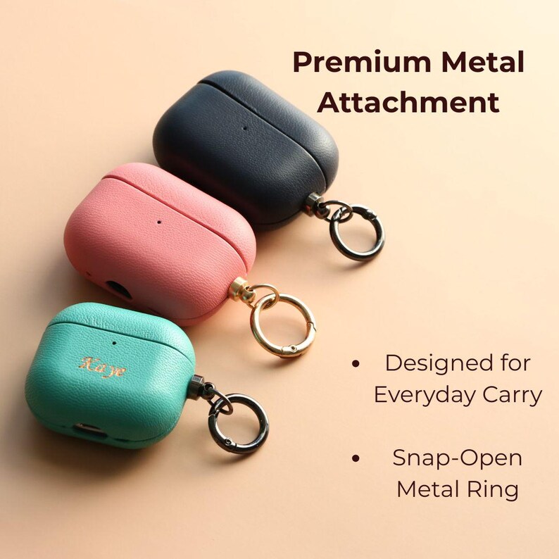 Close-up of durable premium metal attachment and snap-open ring for personalized leather keychain case