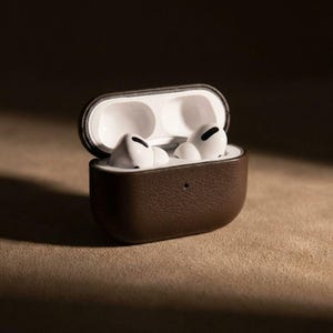 Leather Airpods Case Personalized Gift For Him Birthday Present Custom Initial Engraved Minimalist Design Modern Aesthetic Black Premium Quality Tech Accessory Protection Genuine Material Durable Construction Stylish Look Everyday Use