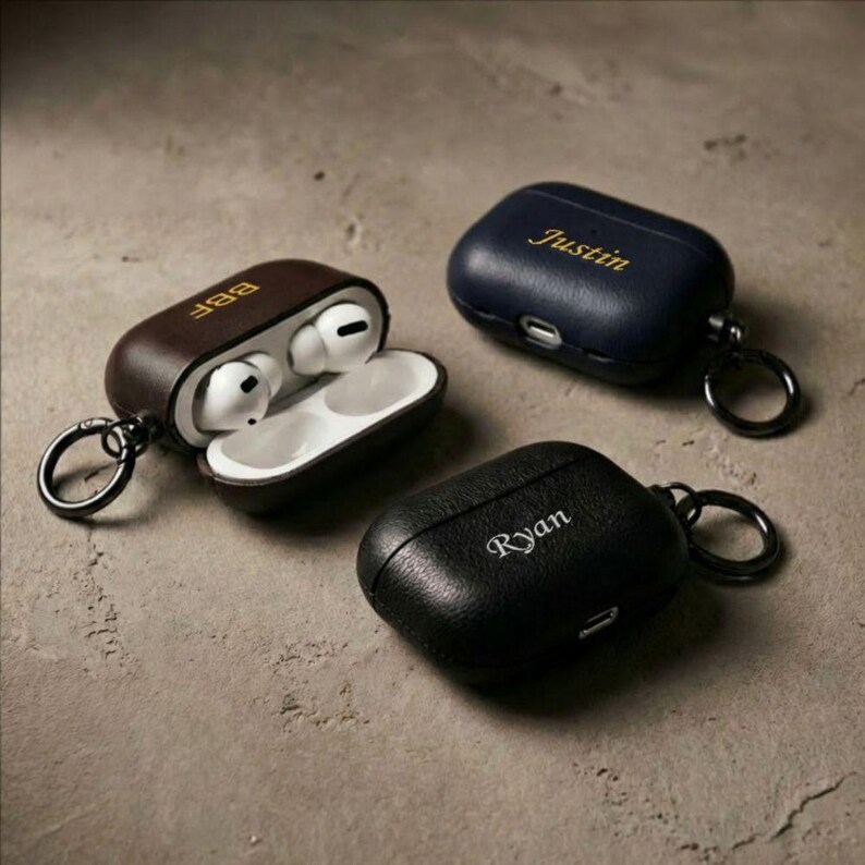 Leather AirPods Case Personalized Gift For Him Tech Accessory Keyring Attachment Custom Engraved Cover Professional Style Minimalist Design Premium Protection Elegant Look Business Gift Idea Genuine Material Quality Construction Modern