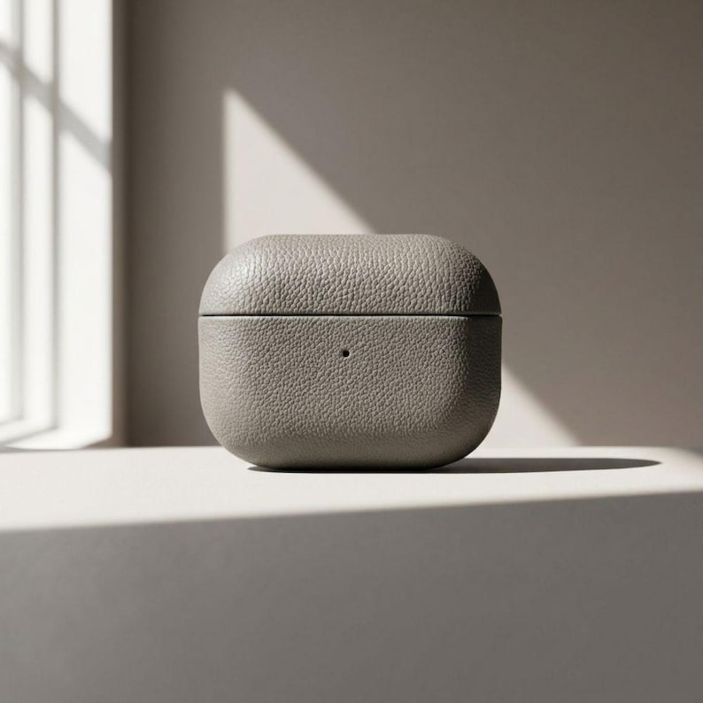 Grey Leather Airpods Case Personalized Gift Custom Initial Engraved Minimalist Design