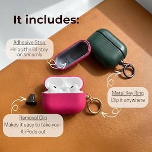 It includes adhesive strip metal keyring and removal clip accessories for AirPods case easy installation and secure attachment
