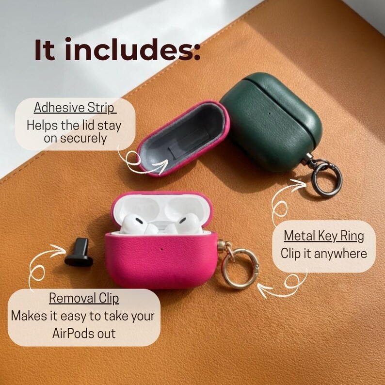 It includes adhesive strip metal keyring and removal clip accessories for AirPods case easy installation and secure attachment