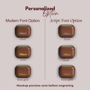 Font and colour options silver gold and rosegold personalization choices for leather AirPods case engraving and hot stamping selection