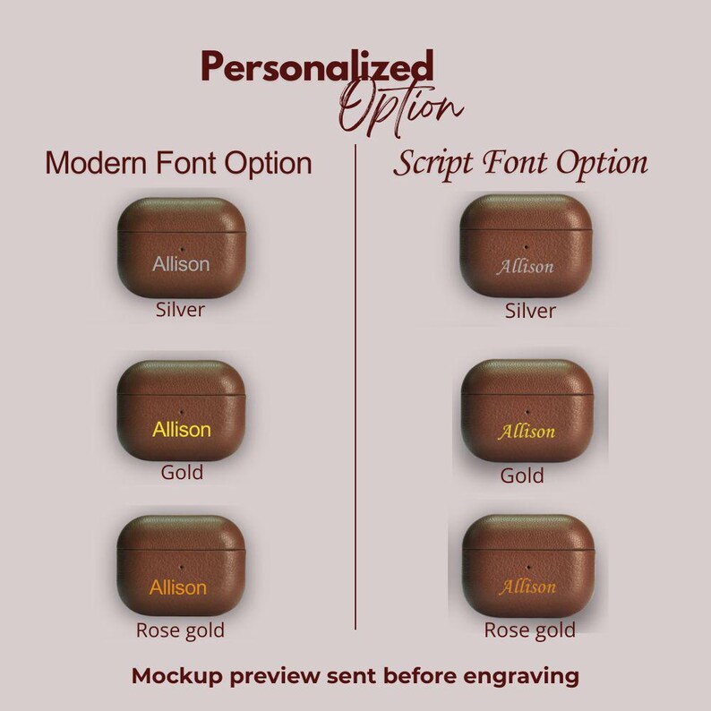 Font and colour options silver gold and rosegold personalization choices for leather AirPods case engraving and hot stamping selection