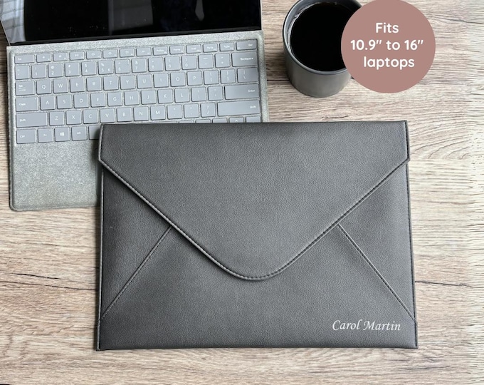 Personalized Black Leather Laptop Sleeve for Men Stylish Document Case for Husband Computer Bag