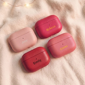 Women Aesthetic Monogram Red AirPods Case Personalized Gift for Her Pink Leather AirPods Pro Case Print Initials Cute Tech Accessories