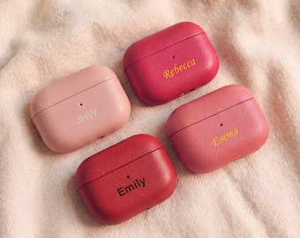 Women Aesthetic Monogram Red AirPods Case Personalized Gift for Her Pink Leather AirPods Pro Case Print Initials Cute Tech Accessories