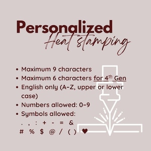 Personalized chart of heat stamping showing max characters English only letters numbers and symbols customization guide for leather AirPods case