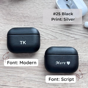 Black personalized leather AirPods pro 3 case with custom initials in both fonts and silver heat stamping, tech accessory, minimalist aesthetic protective earbud case.