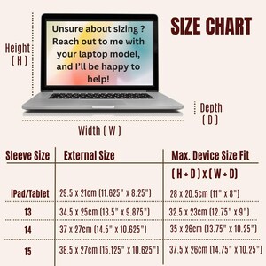 K&ouml;nnte beinhalten: Gr&ouml;&szlig;entabelle f&uuml;r Laptop-H&uuml;llen mit einem Laptop-Bild und dem Text: "Unsicher wegen der Gr&ouml;&szlig;e? Melden Sie sich mit Ihrem Laptop-Modell bei mir, und ich helfe Ihnen gerne!" Ma&szlig;e in cm und Zoll.
