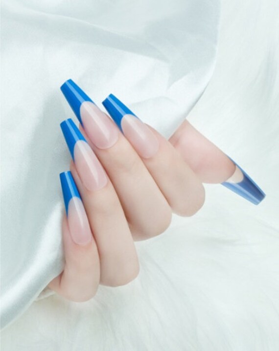 Glossy Long Coffin Blue French Tip Press On Nails Long Etsy Finland