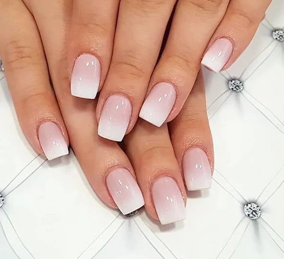 Glossy Short Square Nude With White Ombre Press On Nails Etsy 