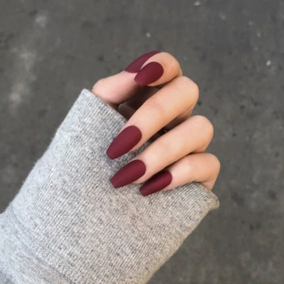 Matte Maroon Press On Nails Short Coffin Press On Nails Etsy Finland