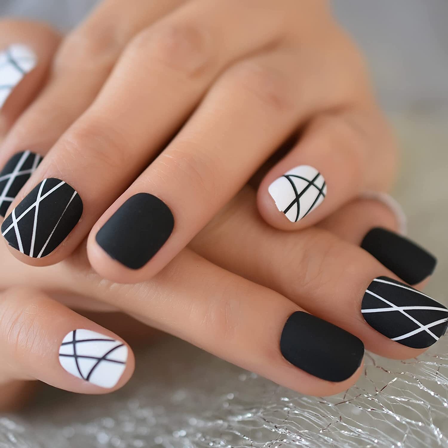 Matte Black White Lines Press on Nails Short Square False - Etsy India