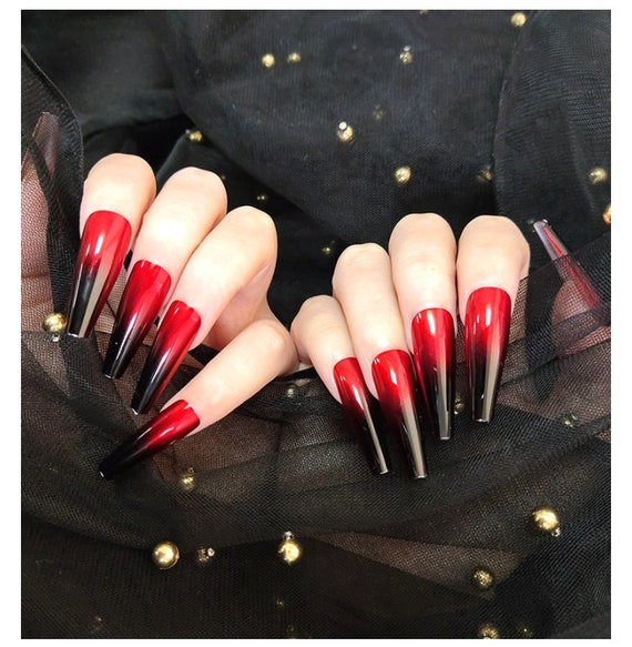 Mirror Long Coffin Red W Black Ombre Press On Nail Black Etsy New Zealand