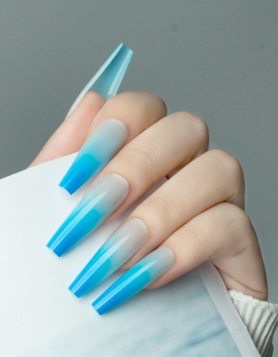 Glossy Long Coffin Sky Blue Ombre Press On Nail Blue Ombre Etsy