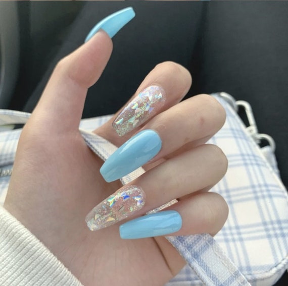 Glossy Short Coffin Blue Butterfly Press On Nails Coffin Etsy