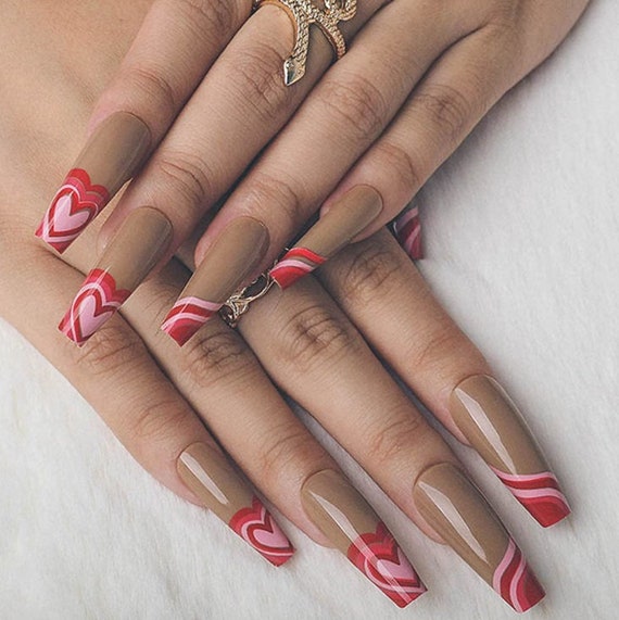Glossy Red Heart French Tip Coffin Wave Swirl Press On Nails Etsy