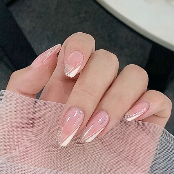 Glossy French Tip Glitter Press On Nails | Short Coffin Nails | Press on Nails | Fake Nails | False Nails | Glue On Nails #1803