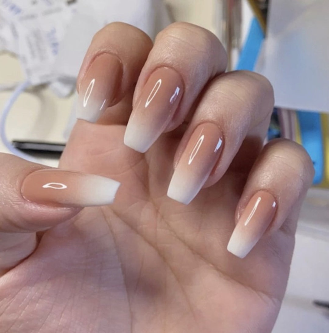 Glossy Short Coffin Ombre Press On Nail Beige French Tip - Etsy