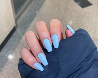 Glossy Sky Blue Press On Nails Short Coffin Press On Nails Etsy Glossy Sky Blue Press On Nails Short Coffin Press On Nails Etsy