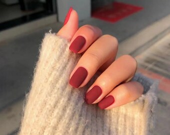 Matte Red Nails Etsy