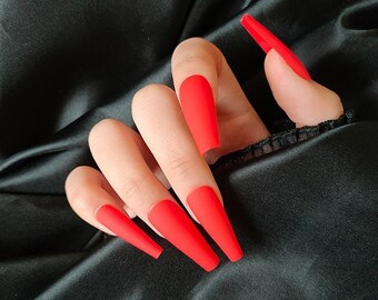 Matte Red Coffin Press On Nails Long Coffin Press On Nails Etsy