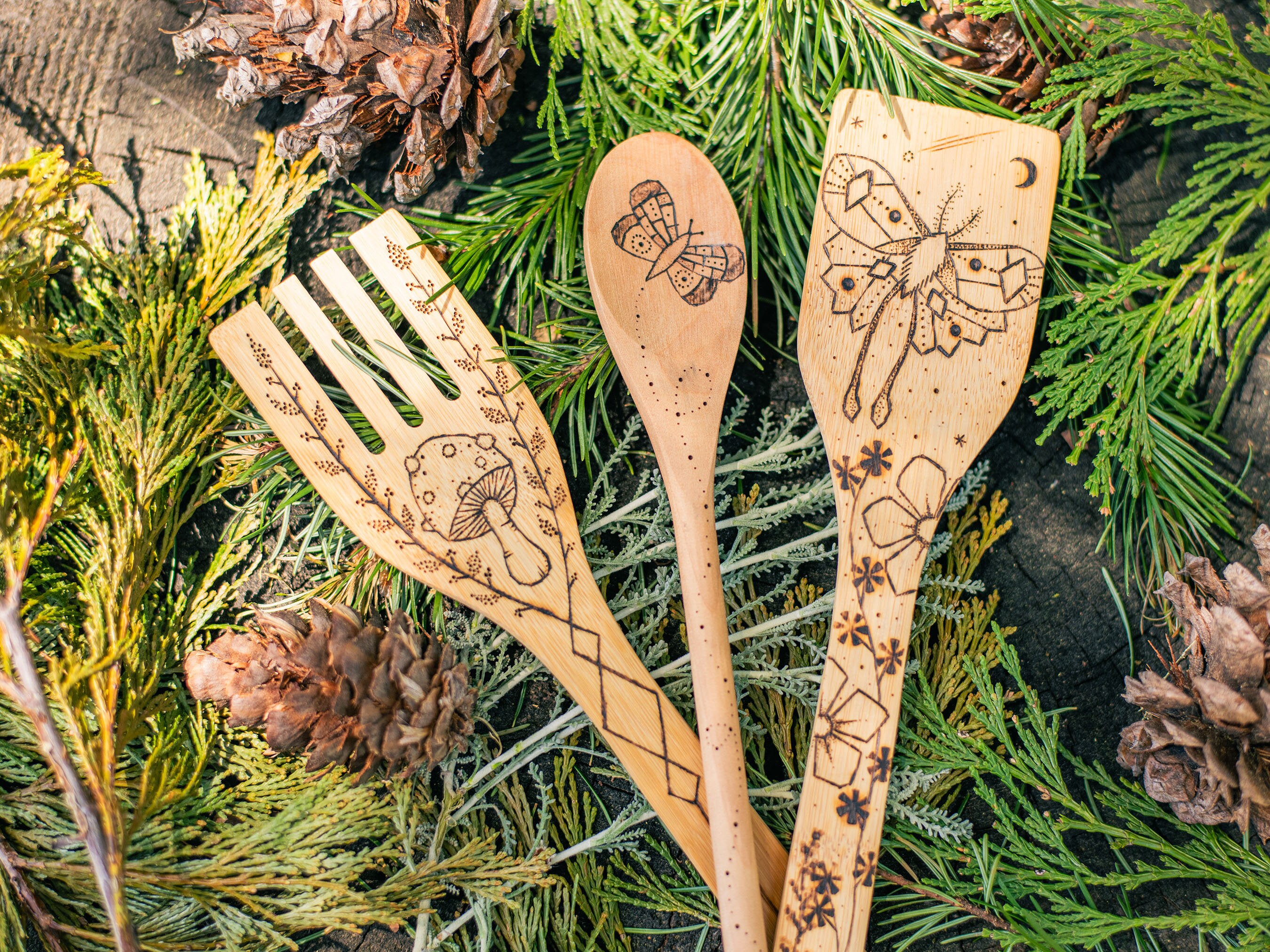 Utensili da cucina bruciati a legna - Pirografia - Cucchiaio/spatola di legno - Arte della cucina