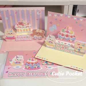 Carte d'anniversaire | carte de voeux | carte contextuelle | ours mignon | lapin | cadeaux d'anniversaire | kawaii | Joyeux anniversaire