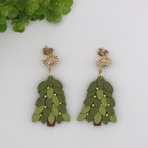 Christmas Earrings, Christmas Tree Earrings, Festive Earrings, Green Shades  Christmas Tree Earrings, Christmas Gift for Her, Golden Star